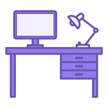 Renkli Masa Simgesi. Vektör Simgesi. Masa, Bilgisayar ve Lamba. Mobilyalar. Ofis Kavramı