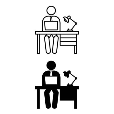 Çalışanların Simgeleri. Siyah ve Beyaz Vektör Simgeleri. Dizüstü bilgisayarda çalışan adam. Masa ve Lamba. Ofis Kavramı