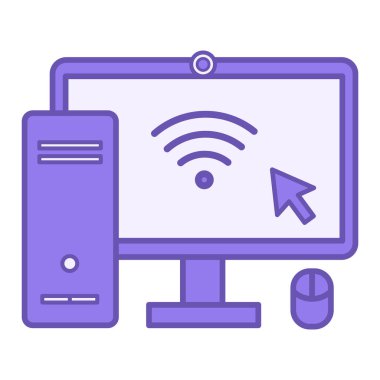 Renkli Bilgisayar Simgesi. Vektör Simgesi. Sistem Birimi, Monitör, İnternet ve Bilgisayar Faresi. Ofis Kavramı