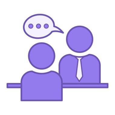 Renkli Röportaj Simgesi. Vektör Simgesi. İki kişi konuşuyor. İş görüşmesi, Sorular Soran Gazeteci. Buluşma Kavramı