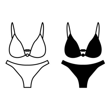 Bikini Simgeleri. Siyah ve Beyaz Vektör Simgeleri. Kadın plaj kıyafeti. Sütyen ve külot. Brezilya Karnaval Konsepti