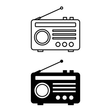 Radyo Simgeleri. Siyah ve Beyaz Vektör Simgeleri. Şehirlerarası bilgi aktarımı. Radyo Alıcısı, Teknoloji. Gazetecilik Konsepti