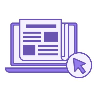 Renkli Online Haber Simgesi. Vektör Simgesi. Laptop, Gazete ve Bilgisayar Fare İmleci. Gazetecilik Konsepti