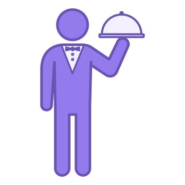 Renkli Simge Hizmeti. Vektör Simgesi. Papyonlu garson masadaki sıcak tabak tepsisini servis ediyor. Restoran Konsepti