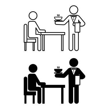 Garson Simgeleri. Siyah ve Beyaz Vektör Simgeleri. Yemek işçisi, müşterilere hizmet veriyor. Papyonlu garson, müşteriye sıcak çorba ikram ediyor. Restoran Konsepti