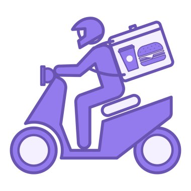 Yemek Teslimatı Renk Simgesi. Vektör Simgesi. Müşteriye yemek getiren kurye. Kasklı bir adam motosikletle poşet taşıyor. Teslimat servisi. Restoran Konsepti