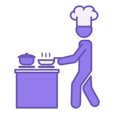 Renkli Aşçı Simgesi. Vektör Simgesi. Ocakta Şapkalı Şef Yemek Pişiriyor. Lid 'li tencere, Kızartmalı Tava ve Pişmiş Yemek. Restoran Konsepti