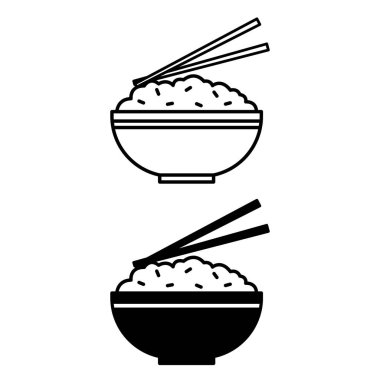 Pirinç İkonları. Siyah ve Beyaz Vektör Çizimleri. Tabak, yemek. Tabakta pilav pişirdim. Yemek çubukları. Yemek Konsepti