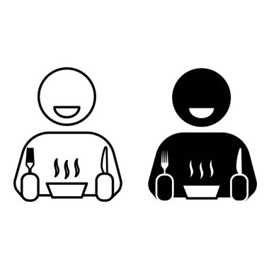 Simgeleri ye. Siyah ve Beyaz Vektör Çizimleri. Bıçak ve çatalla kızarmış tabak yiyen adam. Öğle yemeği, akşam yemeği. Yemek Konsepti