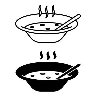 Çorba Simgeleri. Siyah ve Beyaz Vektör Çizimleri. Sıvı Tabak, Yiyecek. Tabakta sıcak et suyu, Spoon. Yemek Konsepti