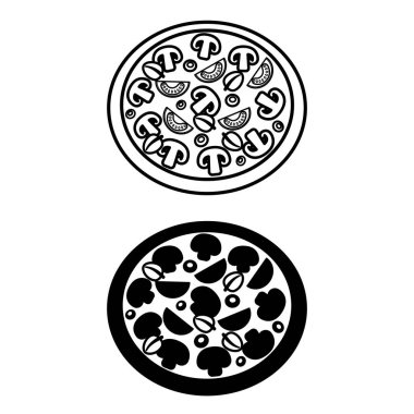 Pizza Simgeleri. Siyah ve Beyaz Vektör Çizimi. Mantarlı, domatesli ve zeytinli yuvarlak pizza. Yemek, Fast Food. Yemek Konsepti