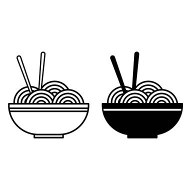 Erişte İkonaları. Siyah ve Beyaz Vektör Çizimleri. Tabakta spagetti, çubuklar. Yemek Konsepti