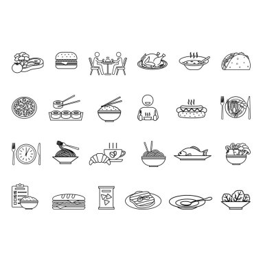 Yemek ikonu seti. Vektör Sanat Burger, Çorba, Pirinç, Makarna, Salata, Öğle Yemeği, Pizza, Tavuk, Balık, Suşi, Biftek, Erişte, Ye, Taco, Sosisli, Sandviç ve daha fazlası