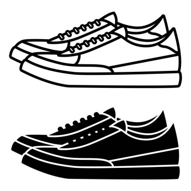 Sneakers Simgeleri. Siyah ve Beyaz Vektör Tasarımları. Lastik tabanlı spor ya da günlük ayakkabılar. Giysi Konsepti