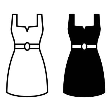 Simgeleri Giydir. Siyah ve Beyaz Vektör Çizimi. Kadın Giyim Ürünleri. Kemerli Kısa Elbise. Moda ve Kıyafet Konsepti