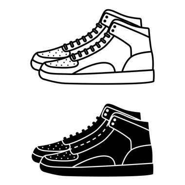 Ayakkabı Simgeleri. Siyah ve Beyaz Vektör Çizimleri. Üretim soğuktan korunmak için ayaklara takıldı. Spor ayakkabılar. Moda ve Kıyafet Konsepti