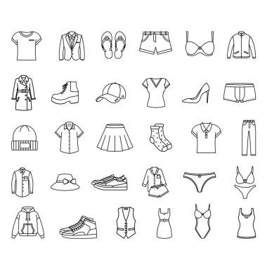 Giysiler hazır. Vector Illustrations tişörtü, Pants, Sneakers, Suit, Jacket, Socks, Pijama, Shorts, Dress, Sett, Cap, Coat, Boots, sutyen, Külot ve diğerleri.
