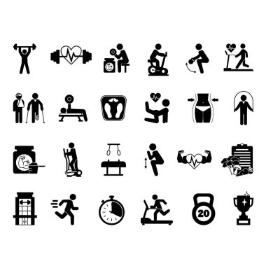 Siyah spor salonu ikonu seti. Vector Illustrations Fitness, Halter, Halter, Eliptik Bisiklet, Kilo kaybı, Diyet, Protein, Koşu Değirmeni, Bench Press, Squat, Kilo Verme, Yaralama, Kettlebell ve Daha Fazla