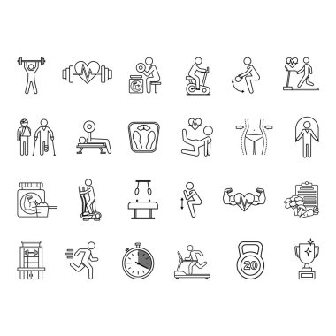 Jimnastik ikonu hazır. Vector Illustrations Fitness, Halter, Halter, Eliptik Bisiklet, Kilo kaybı, Diyet, Protein, Koşu Değirmeni, Bench Press, Squat, Kilo Verme, Yaralama, Kettlebell ve Daha Fazla