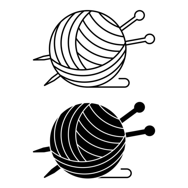 Yarn Icons. Черно-белая векторная иллюстрация. Бал ниток и вязальных иголок. Концепция материальных характеристик