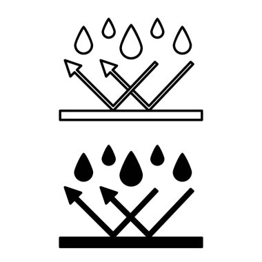 Su geçirmez Tekstil Simgeleri. Siyah ve Beyaz Vektör İllüzyonu. Suyu püskürtmek için kullanılan malzeme, kumaş. Madde Özellikleri Konsepti