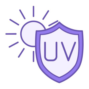 Renkli Güneş Koruma Simgesi. Vektör İllüstrasyonu. Ultraviyole koruması olan Güneş ve Kalkan. Kumaş güneş ışınlarından korunuyor. Madde Özelliklerini Kabul Et