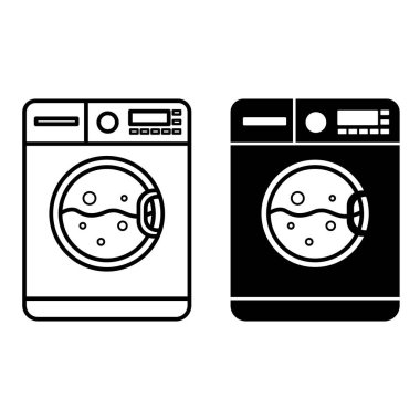 Makine Yıkama Simgeleri. Siyah ve Beyaz Vektör İllüzyonu. Çamaşır makinesinde çamaşır yıkama. Etiket, Etiket. Materia 'nın Özelliklerini Kabul Et