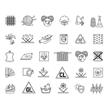 Simge Materyal Özellikleri. Vector Illustrations Tekstil, Deri, İplik, Pamuk, İpek, Yün, Kaşmir, Sentetik Örgü, Bambu, Su geçirmez, Solunmaz, Çevre dostu, Çocuklar İçin ve Daha Fazla