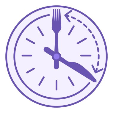 Renkli Aralıklı Oruç Simgesi. Vektör İllüstrasyonu. Saat, Bıçak ve Çatal. Diyet, sağlıklı beslenme. Sağlıklı yaşam tarzı. Kilo Kaybı Konsepti