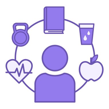 Renkli Sağlıklı Alışkanlıklar Simgesi. Vektör İllüstrasyonu. Dostum, Heartbeat, Kettlebell, Book, Clean Water ve Apple. Sağlıklı Yaşam Tarzı, Spor, Hobiler, Su Dengesi ve Beslenme. Kilo Kaybı Konsepti