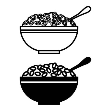 Gevrek Simgeleri. Siyah ve Beyaz Vektör İllüzyonu. Kase ve Kaşık 'ta mısır gevreği pişirdim. Yiyecek, Sağlıklı Kahvaltı Ürünleri. Bakkal Konsepti