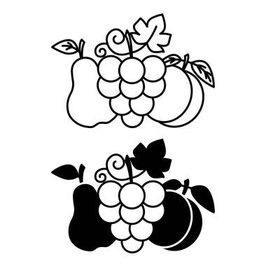 Meyve Simgeleri. Siyah ve Beyaz Vektör Resimleri. Üzüm, armut ve kayısı. Yiyecek, Doğal ve Organik Ürün. Bakkal Konsepti
