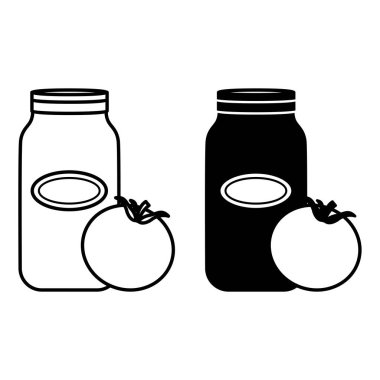 Domates soslu simgeler. Siyah ve Beyaz Vektör Resimleri. Kavanozda domates sosu ve domates. Yiyecekler. Bakkal Konsepti