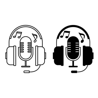 Müzik Simgeleri. Siyah ve Beyaz Vektör Resimleri. Kulaklıklar, Mikrofon ve Müzik Notaları. Melodi ve Ses