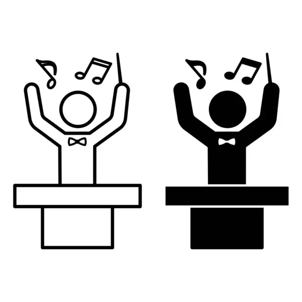 Orkestra Şefi Simgeleri. Siyah ve Beyaz Vektör Resimleri. Papyonlu adam orkestra şefi, koro. Müzik notaları. Müzik Konsepti