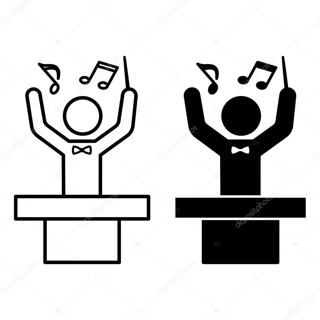 Orchestra Conductor Icons. Black and White Vector Illustrations. Man with Bow Tie Conducting Orchestra, Choir. Musical Notes. Music Concept