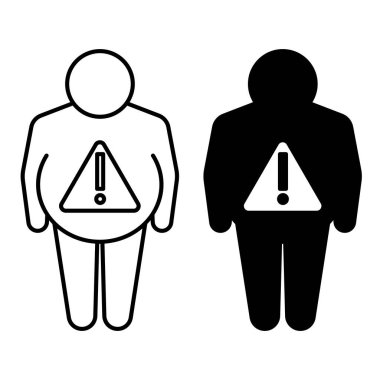 Obezite Simgeleri. Siyah ve Beyaz Vektör İllüzyonu. Şişman Adam ve Ünlem İşareti. Sağlıklı yaşam tarzı. Beslenme Konsepti