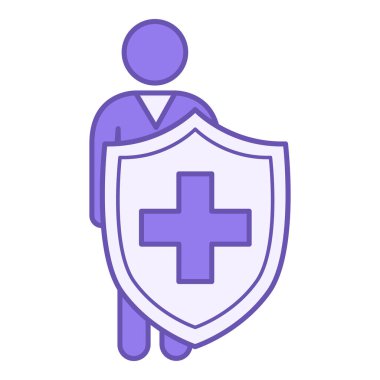 Renkli Dokunulmazlık Simgesi. Vektör İllüstrasyonu. Kalkanın Arkasındaki Adam. Sağlıklı Yaşam Tarzı ve Tıp. Beslenme Konsepti