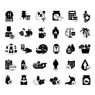 Siyah Simge Beslenme Ayarları. Vektör İllüstrasyonları: Obezite, Kalori Sayımı, Karbonhidratlar, Psikoloji, Dengeli Diyet, Vücut Ağırlığı, Önemsiz Gıda, Yemek Planı, Su Dengesi, Akıllı Saat ve Daha fazlası
