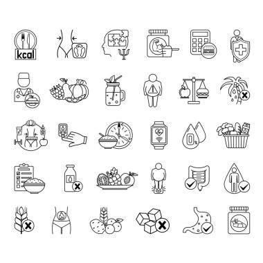 Beslenme Simgesi Ayarlandı. Vektör İllüstrasyonları: Obezite, Kalori Sayımı, Karbonhidratlar, Psikoloji, Dengeli Diyet, Vücut Ağırlığı, Önemsiz Gıda, Yemek Planı, Su Dengesi, Akıllı Saat ve Daha fazlası