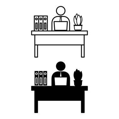 Çalışma Alanı Simgeleri. Siyah ve Beyaz Vektör İllüzyonu. Resepsiyonda çalışan ofis çalışanı. Ot ve İş Dizinlerinde Çiçek. İş ve İş Konsepti