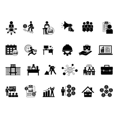 Siyah Simge Set Çalışması. Vektör Resimleri Kariyeri, İstihdam, Ofis, Başarı, Proje, Takım Çalışması, Uzaktan Çalışma, Görev, Maaş, Kredi, Tanıtım ve Mor