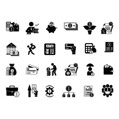 Siyah Kişisel Finans Simgesi Seti. Vektör İlgili Bütçe, Yatırımlar, Giderler, Gelir, Vergi, Kredi, Cüzdan, Piggy Bank, İpotek, Nakit, Borç, Emeklilik, Maaş ve diğerleri