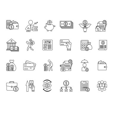 Kişisel Finans Simgesi Seti. Vektör İlgili Bütçe, Yatırımlar, Giderler, Gelir, Vergi, Kredi, Cüzdan, Piggy Bank, İpotek, Nakit, Borç, Emeklilik, Maaş ve diğerleri