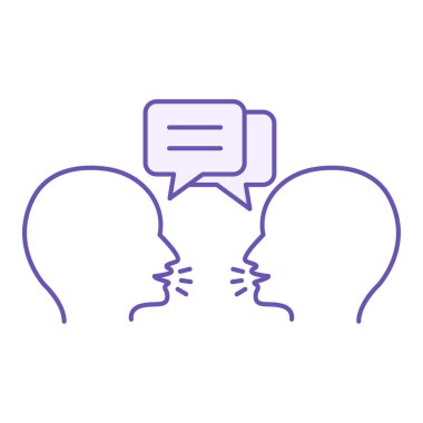 Renkli Konuşma Simgesi. Vektör İllüstrasyonu. Sohbet eden ve bilgi alışverişinde bulunan iki kişi. Konuşma Kavramı