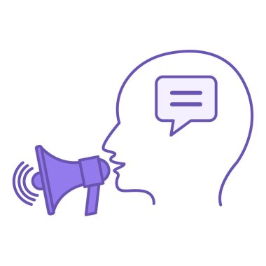 Renkli Haber Simgesi. Vektör İllüstrasyonu. Megafonla ilgili önemli bilgiler veren adam. Konuşma Kavramı