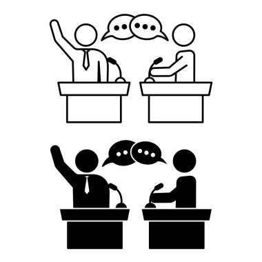 Tartışma Simgeleri. Siyah ve Beyaz Vektör Resimleri. İki Taraflı Fikirler Kamu Karşılaşması. Podyumda mikrofonlu insanlar birbirleriyle tartışıyor. Konuşma Kavramı