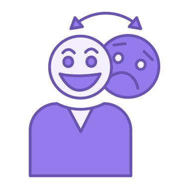 Renkli Bipolar Simgesi. Vektör İllüstrasyonu. Zihinsel bozukluk, ruh hali değişikliği. Gülümseyen ve Üzgün Kişi. Akıl Sağlığı Konsepti