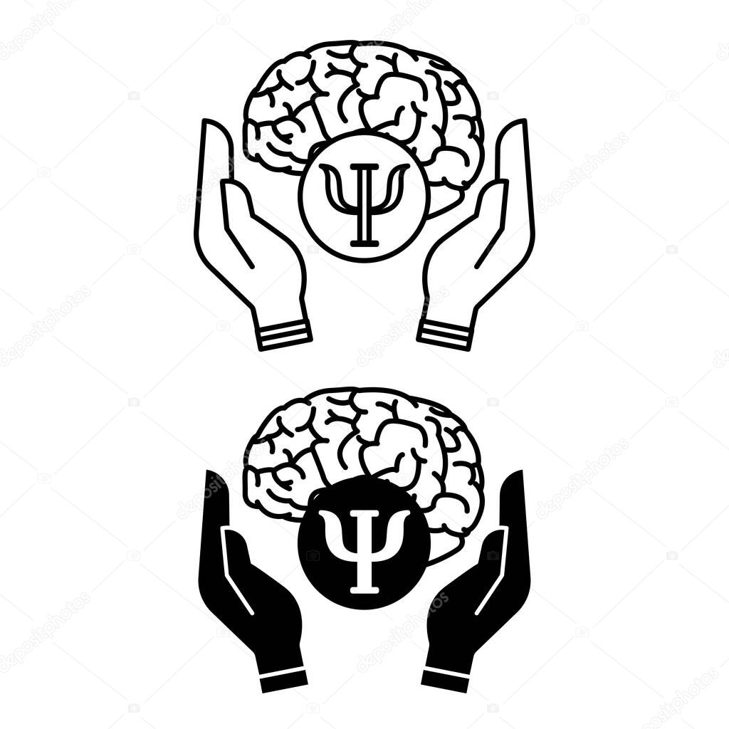 Mental Health Icons. Black and White Vector Illustration. Brain in Human Hands, Psychologist Sign. Healthy Lifestyle and Psychology
