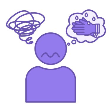 Renkli Obsesif Saplantı Bozukluğu Simgesi. Vektör İllüstrasyonu. Zihinsel Bozukluk, Saplantılı Düşünceler ve Ayinler, Endişe. Adam sık sık ellerini yıkar, mikrop korkusu. Akıl Sağlığı Danışmanlığı